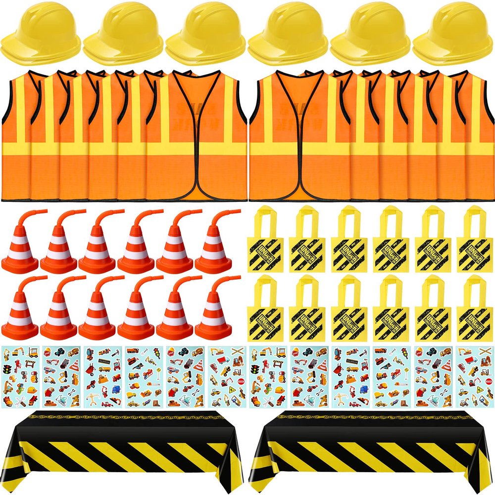 Sratte 62 Pcs Construction Birthday Party Supplies Set Kids Construction Dress up Set Including Vest, Hat, Tote Bag, Tablecloth, Traffic Cone Cups and Stickers for Themed Birthday Dress up Party Decor