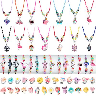 70 Pcs Kids Jewelry Set - Unicorn Mermaid Adjustable Friendship Bracelets, Necklaces, Rings, Earrings - Animal Multicolor Woven Pendant for Little Girls' Pretend Play Gifts