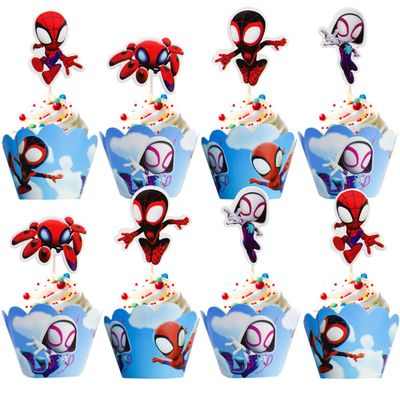 12pc Spidey and His Amazing Friends Cupcake Topper And Cupcake Wrapper, Birthday Party Cake Decorate Kids' Party Cake Decorate Supplies