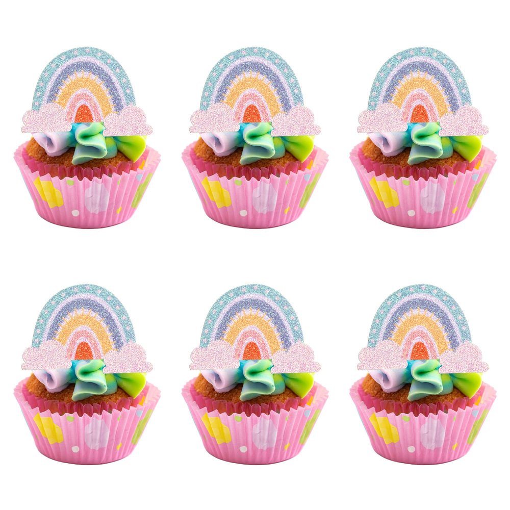 Gyufise 24Pcs Rainbow Clouds Cupcake Toppers Glitter Rainbow Cupcake Picks for Boys Girls Theme Baby Shower Birthday Party Decorations Supplies