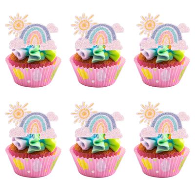 Gyufise 24Pcs Rainbow Clouds Cupcake Toppers Glitter Sun Rainbow Cupcake Picks for Boys Girls Theme Baby Shower Birthday Party Decorations Supplies