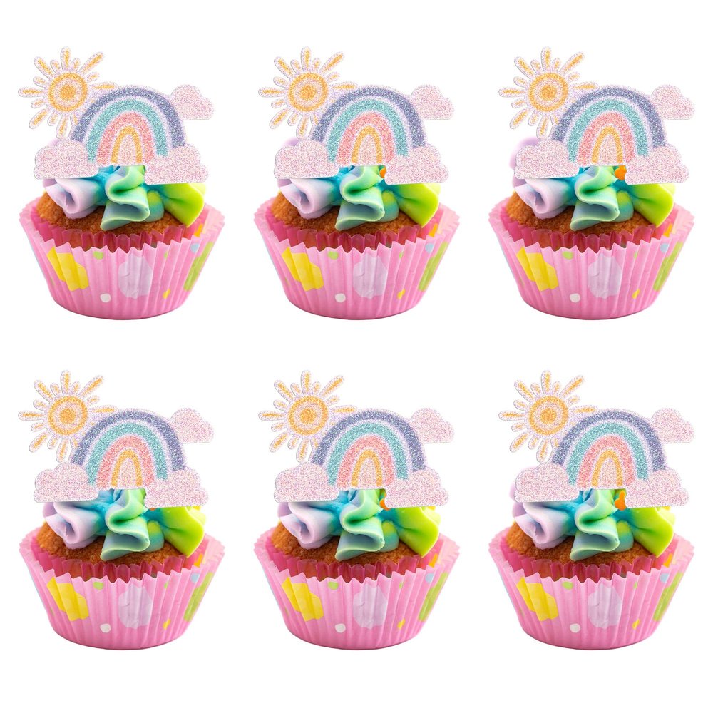 Gyufise 24Pcs Rainbow Clouds Cupcake Toppers Glitter Sun Rainbow Cupcake Picks for Boys Girls Theme Baby Shower Birthday Party Decorations Supplies