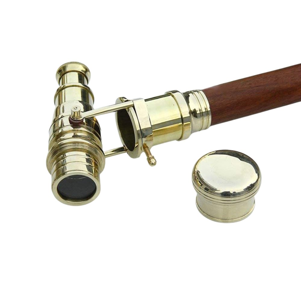 Medieval Replicas Walking Cane with Shiny Brass Telescope Handle Nautical Foldable Wooden Walking Stick Ideal Unisex