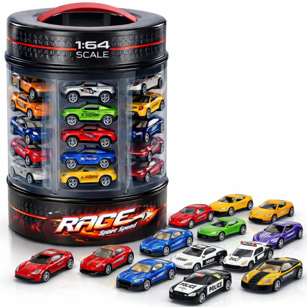 25 Piece Diecast Cars Pack Toy Playset in Storage Carrying Tub - 1:64 Scale Metal Alloy Die-cast Vehicles Collection for Kids
