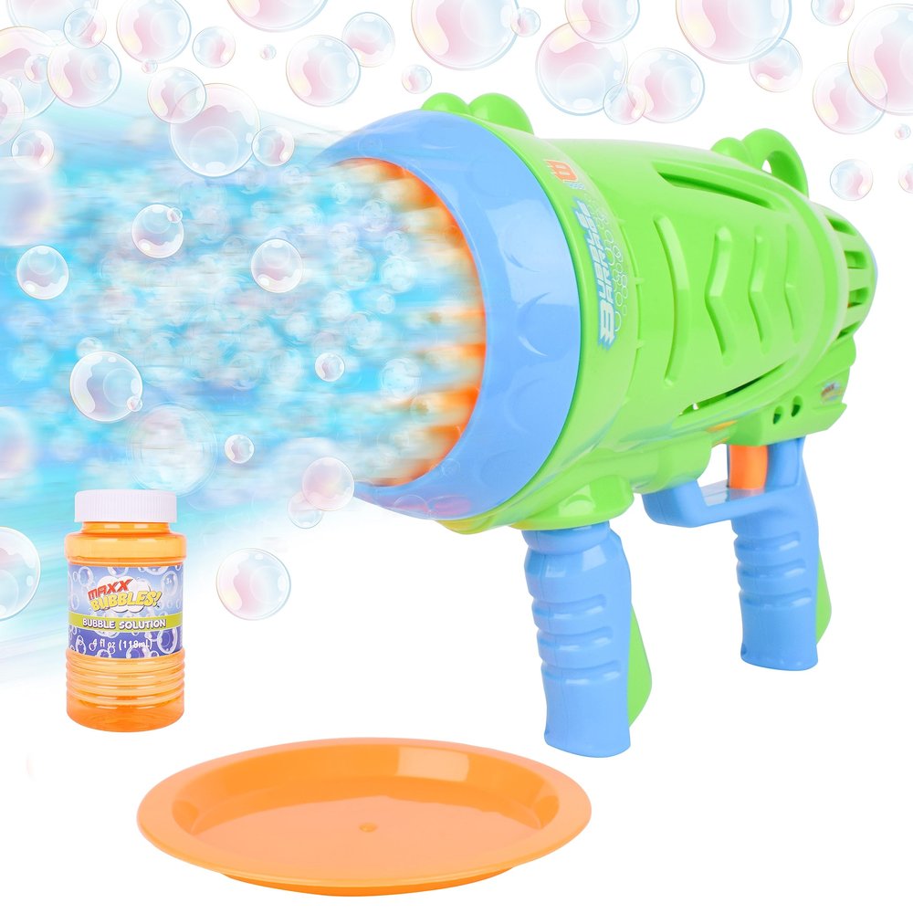 Maxx Bubbles Automatic Bubble Barrage Gun Includes Non Toxic Bubble Solution and Dip Tray, Bubble Barrage, Bubble Blaster for Outdoors, Adult, Kids, Summer Toys, Party Favors, Birthday Gift