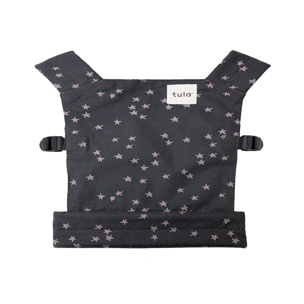 Baby Tula Mini Toy Carrier for Dolls and Stuffed Animals, Child-Sized Toy Carrier with Adjustable Straps, Soft Fabric and Easy Fit for Kids' Imaginative Play - Discover (Black/Stars)