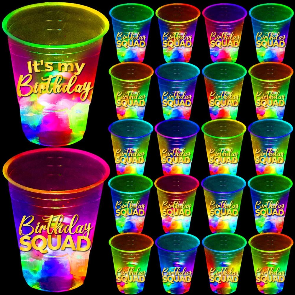 mishunyus 40 Pack Glow Birthday Squad Cups 16oz - Reusable Light Up Party Cups for Adult Birthdays 21st, 30th, 40th, 50th, 60th Theme Decorations Supplies, Night Club Party Favors