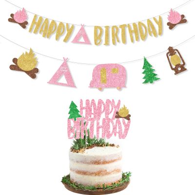 Camping Birthday Party Decorations Girl - Glitter Pink Happy Birthday Banner, Camping Theme Banner Garland, Pink Glitter Happy Birthday Cake Topper for Girl Camping Party Decorations