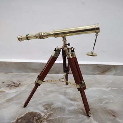 Antique Brass Spyglass Telescope with Desktop Wooden Tripod Stand Vintage Marine Scope Christmas & New Year Decorative