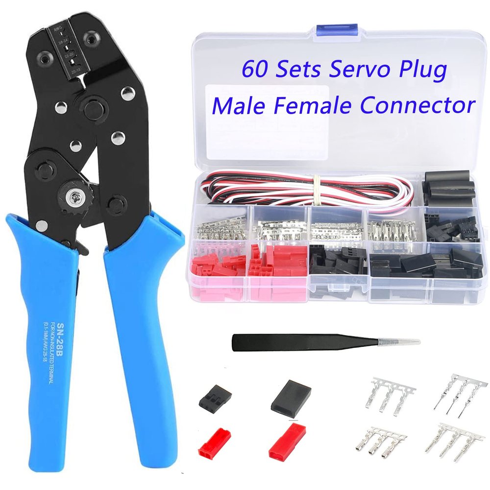 60 Sets JST Servo Connector Kits Plug Male Female Crimp Pin Cable with SN-28B Dupont Crimping Tool 0.1-1.0mm (AWG28-18) Compatible JST SYP servo wire cable for RC Car Hitec Spektrum Model Airplanes