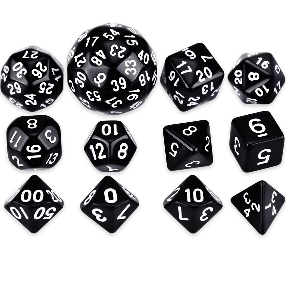 12 PCS Polyhedral Dice Set for TRPG DND D4 D6 D8 D10(0-9) D10(00-90) D10(1-10) D12 D16 D20 D24 D30 D60 - (Color: Black)