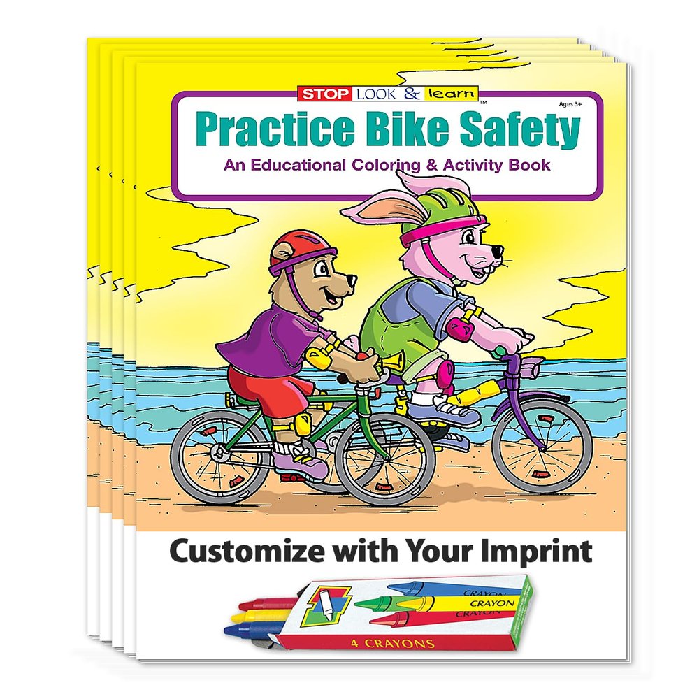 ZOCO Bike Safety Custom Educational Coloring & Activity Books (250 Bulk Pack, with Crayons) Bicycle Road Rules, Helmet Safety for Kids Add Your Imprint