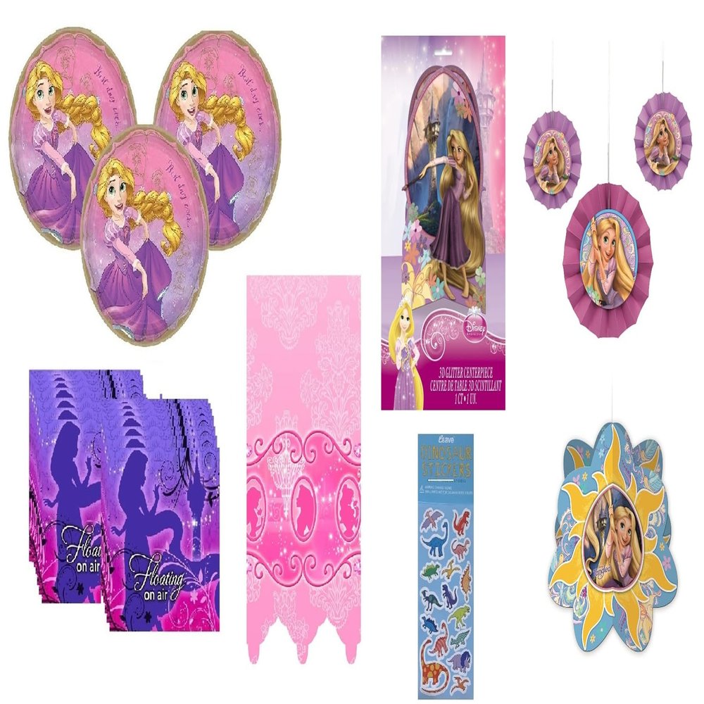 Disney Tangled Rapunzel Party Pack includes 16 Lunch Plates, 16 Napkins, 1 Disney Princess Plastic Table Cover, 1 Centerpiece, 3 Hanging Decoration Fans, 1 Hanging Decoration