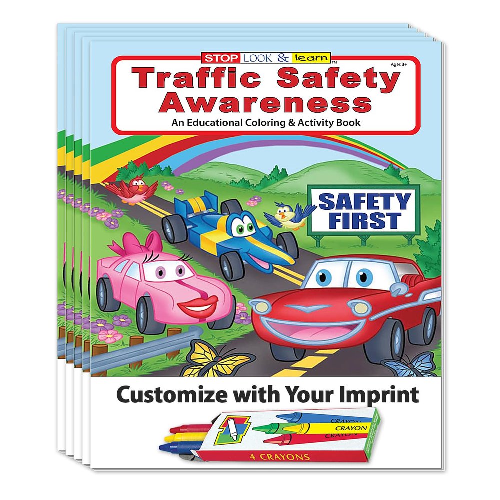 ZOCO Traffic Safety Custom Promotional Coloring Books for Kids (250 Bulk Pack, With Crayons) Road Safety Rules, Games, Puzzles, Activities Educational Police Handouts