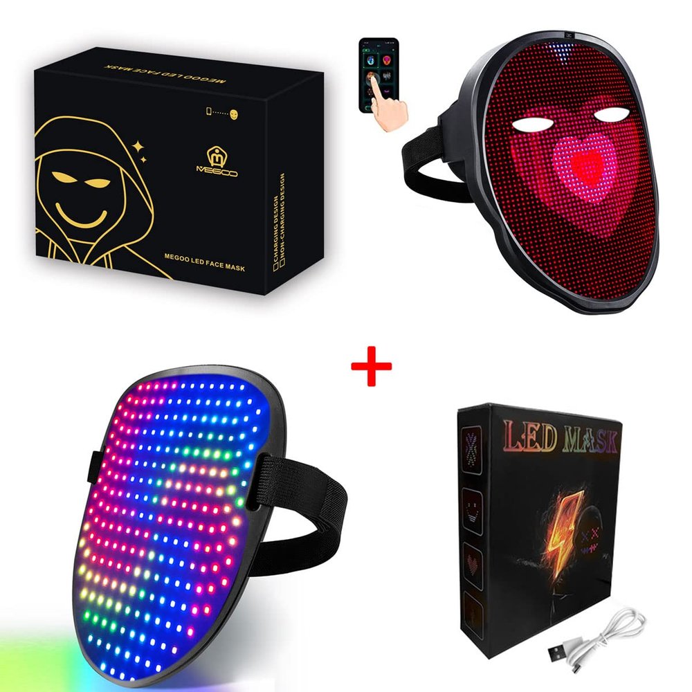 MEGOO Led Mask With Bluetooth Shining Mask Programmable,for halloween Party Cosplay,light up face mask Masquerade (USB Recharge)
