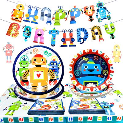 LaVenty Robot Birthday Party Pack - 34 Piece Set Including Banner, Plates, Napkins & Decorations