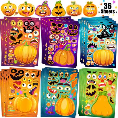 36 Sheets Halloween Stickers for Kids, Make A Pumpkin Face Stickers, Halloween Pumpkin Decorating for Kids Toddlers Party Favors Treats Party Games Goody Bag Filler