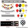 124 Pcs Race Car Birthday Party Supplies, Race Car Balloon Garland Kit with Racetrack Checked Flags HAPPY BIRTHDAY Banner Black and White Pennant Banner for Race Car Party Decorations view 4