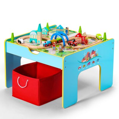 SainSmart Jr. Wooden Train Table, 2-in-1 Activity Table Playset for Kids, Wooden Train Set with Storage Box, Gift for Toddlers Boys Girls