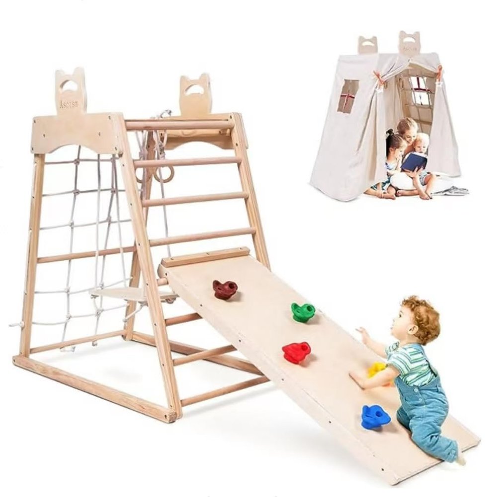Ascism Jungle Gym Indoor (8 in 1) Wooden Indoor Playground, Toddler Wooden Climbing Toys, Montessori Playset, Gym with Slide, Climbing Net, Swing, Tent, Gymnastics Ring