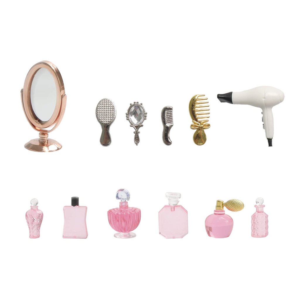 1/12 Scale Miniature Bathroom Accessories Kit Mini Plastic Hair Dryer Brush Comb Mirror Perfume Bottles Set for Mini House Bedroom Decoration,Set A