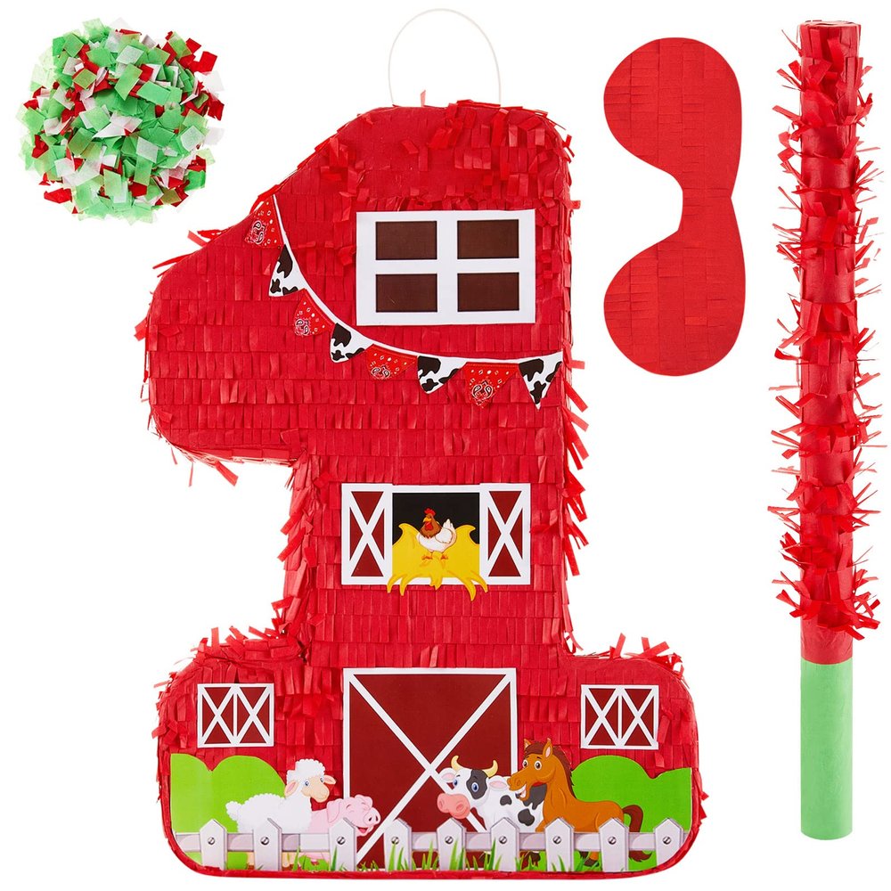 Lewtemi Number 1 Pinata for 1nd Birthday Party Decorations Birthday Pinata with Stick Eye Mask Baby Shower Decorations Party Supplies(Farm)