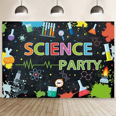 AIBIIN 10x7ft Science Party Backdrop for Kids Mad Science Fun Black Photography Background Graffiti Splash Chemical Experiments Instruments Party Decorations for Boys Beaker Test Tube Banner Decor