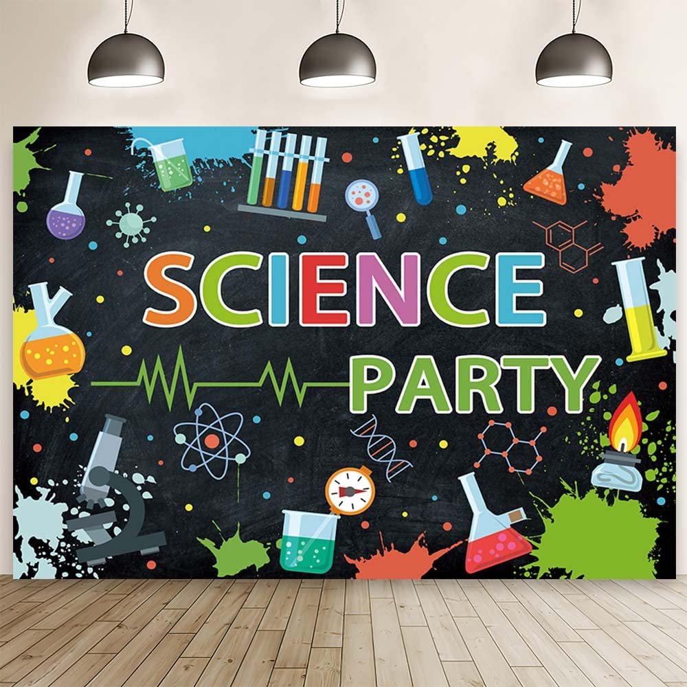 AIBIIN 10x7ft Science Party Backdrop for Kids Mad Science Fun Black Photography Background Graffiti Splash Chemical Experiments Instruments Party Decorations for Boys Beaker Test Tube Banner Decor