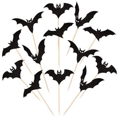 24 PCS Halloween Bat Cupcake Toppers Black Glitter Bat Cupcake Picks for Halloween Theme Baby Shower Kids Birthday Party Cake Decorations Supplies