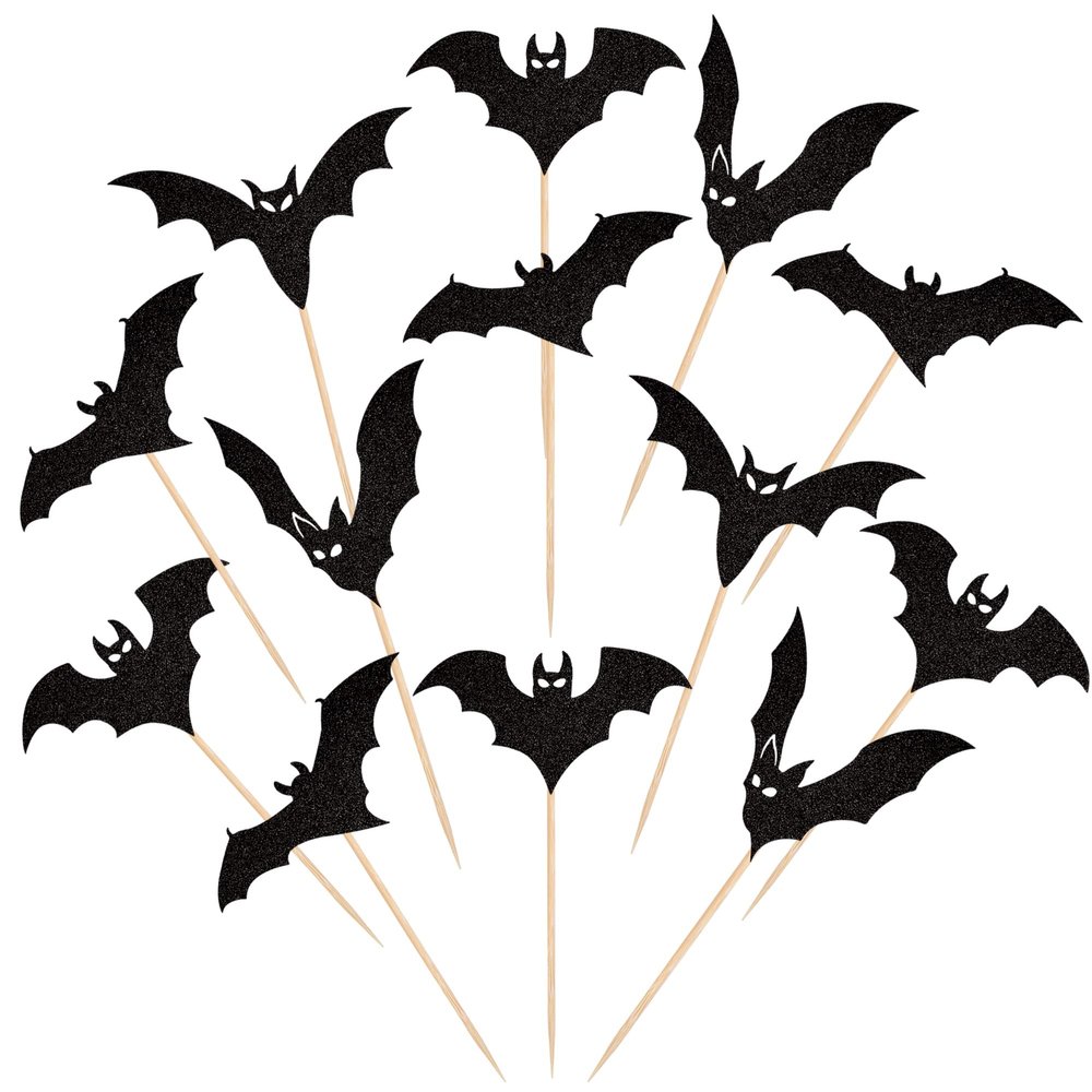 24 PCS Halloween Bat Cupcake Toppers Black Glitter Bat Cupcake Picks for Halloween Theme Baby Shower Kids Birthday Party Cake Decorations Supplies