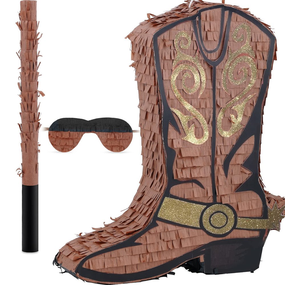 Deekin 3 Pcs Cowboy Boot Piata Set Cute Western Piata with Stick Eye Mask for Kids School Sports Bridal Shower Birthday Party Decorations Supplies