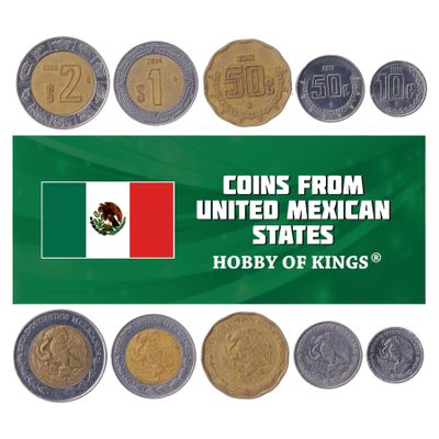 Mexico 5 Mixed Coins | 2 Centavos to 2 Pesos | Mexican Currency Since 1970