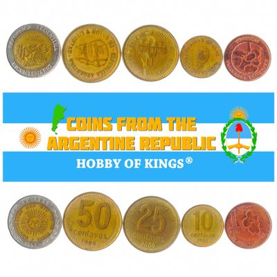 Argentine Republic 5 Mixed Coins | 5 Centavos to 1 Pesos | Argentine Currency Since 1969