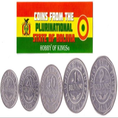 Bolivia 5 Mixed Coins | 10 Centavos to 2 Bolivianos | Bolivian Currency Since 1986