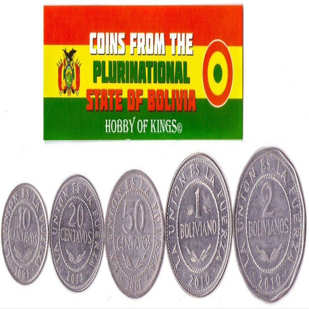 Bolivia 5 Mixed Coins | 10 Centavos to 2 Bolivianos | Bolivian Currency Since 1986