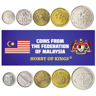 Malaysia 5 Mixed Coins | 1 Sen to 50 Sen | Malaysian Currency Since 1967