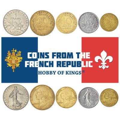 France 5 Mixed Coins | 5 Centimes - 2 Francs | French Currency Since 1959