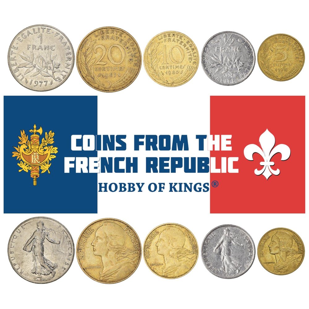 France 5 Mixed Coins | 5 Centimes - 2 Francs | French Currency Since 1959