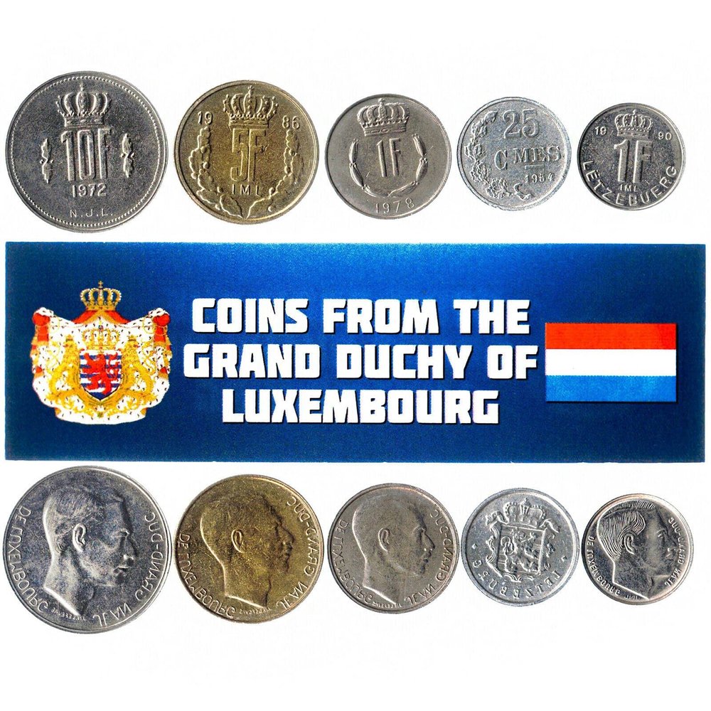 Luxembourg 5 Mixed Coins | 25 Centimes - 10 Francs | Luxembourgish Currency Since 1964