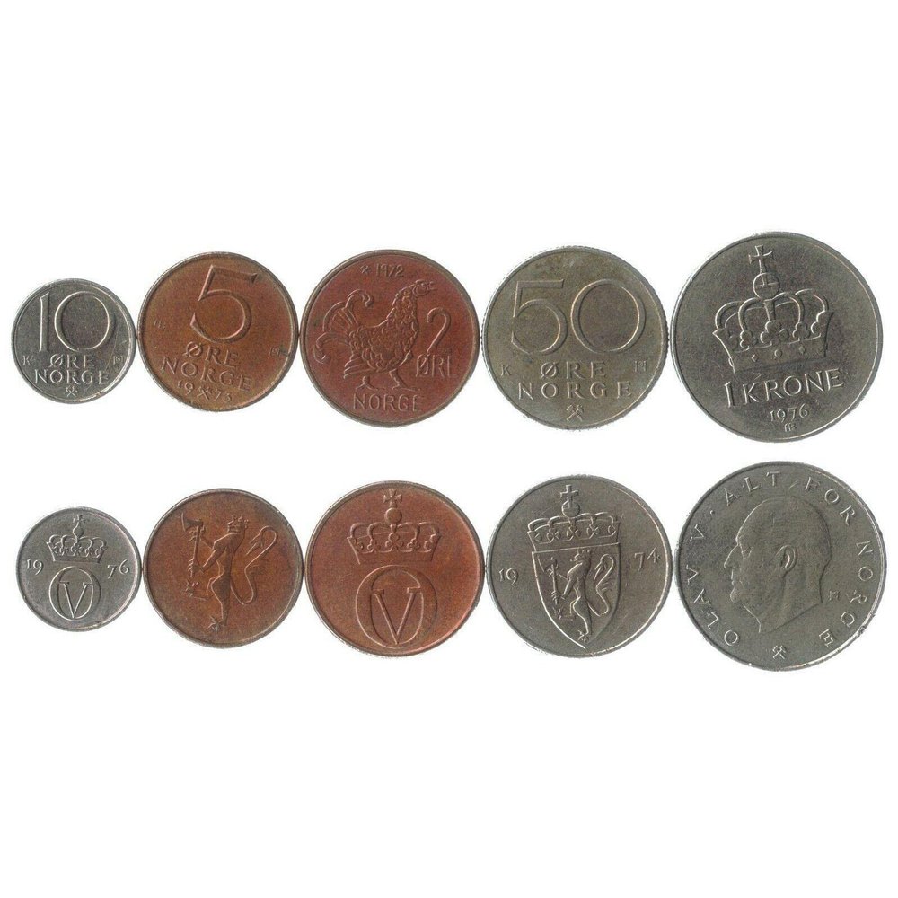 Norway 5 Mixed Coins | 1 Ore to 1 Krone | Norwegian Currency Since 1958