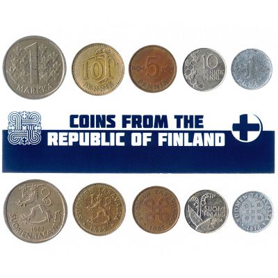 Republic of Finland 5 Mixed Coins | 1 Penni to 1 Markka | Suomi Currency Since 1963