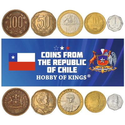 Chile 5 Mixed Coins | 1 Peso to 100 Pesos | Chilean Currency Since 1975