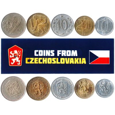 Czechoslovakia 5 Mixed Coins | 10 Heller - 1 Korun | Czechoslovakian Currency Since 1960