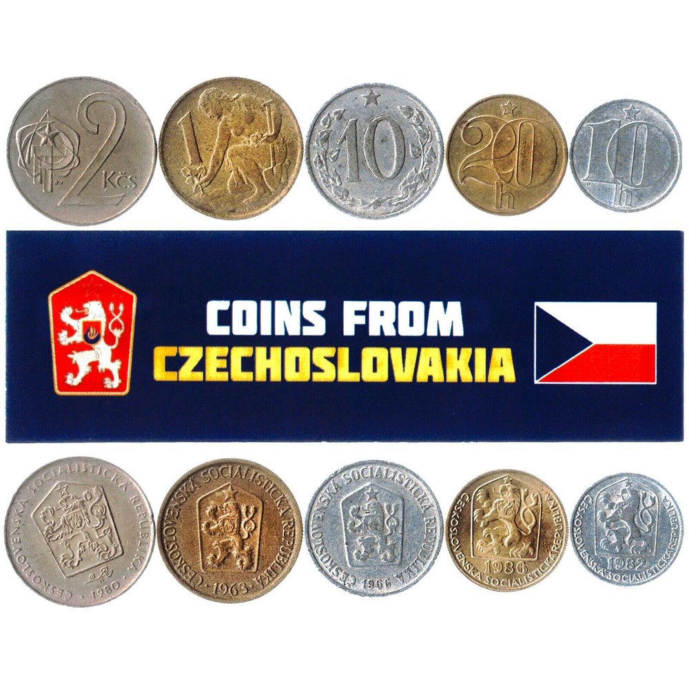 Czechoslovakia 5 Mixed Coins | 10 Heller - 1 Korun | Czechoslovakian Currency Since 1960