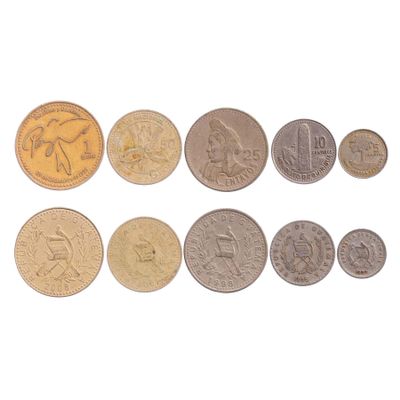 Guatemala 5 Mixed Coins | 5 Centavos to 1 Quetzal | Guatemalan Currency Since 1949