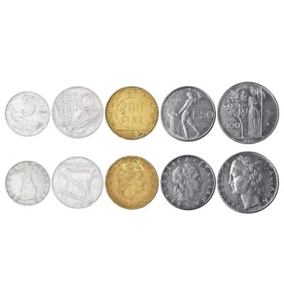 Italian Republic 5 Mixed Coins | 5 Lire - 100 Lire | Italian Currency Since 1946