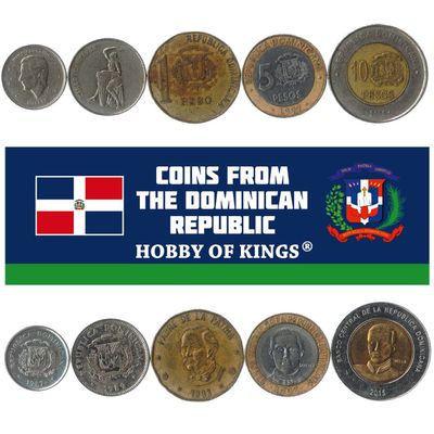 Dominican Republic 5 Mixed Coins | 10 Centavos to 10 Pesos | Dominican Currency Since 1937
