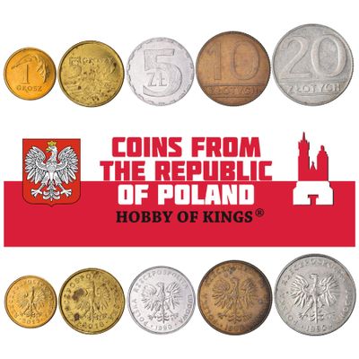 Poland 5 Mixed Coins | 1 Grosz to 10 Zlotych | Polish Currency Since 1949