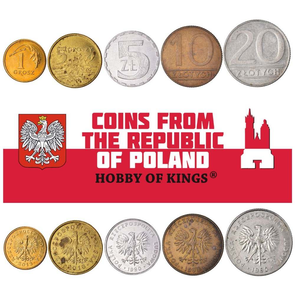 Poland 5 Mixed Coins | 1 Grosz to 10 Zlotych | Polish Currency Since 1949