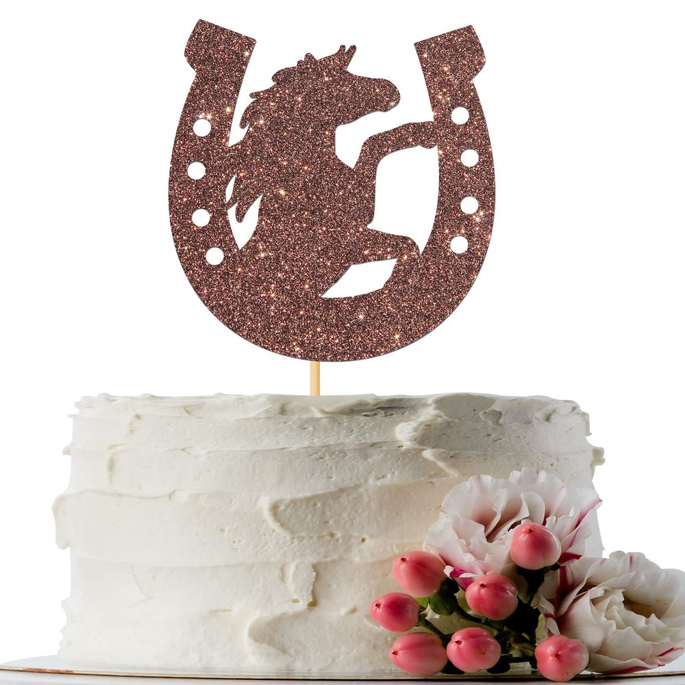 Horse Sign Horseshoe Cake Topper - Racing Birthday Party Decor - Western Theme Birthday Wedding Party Cake Decorations Supplies, 1st Bday Party Photo Props, Brown Glitter